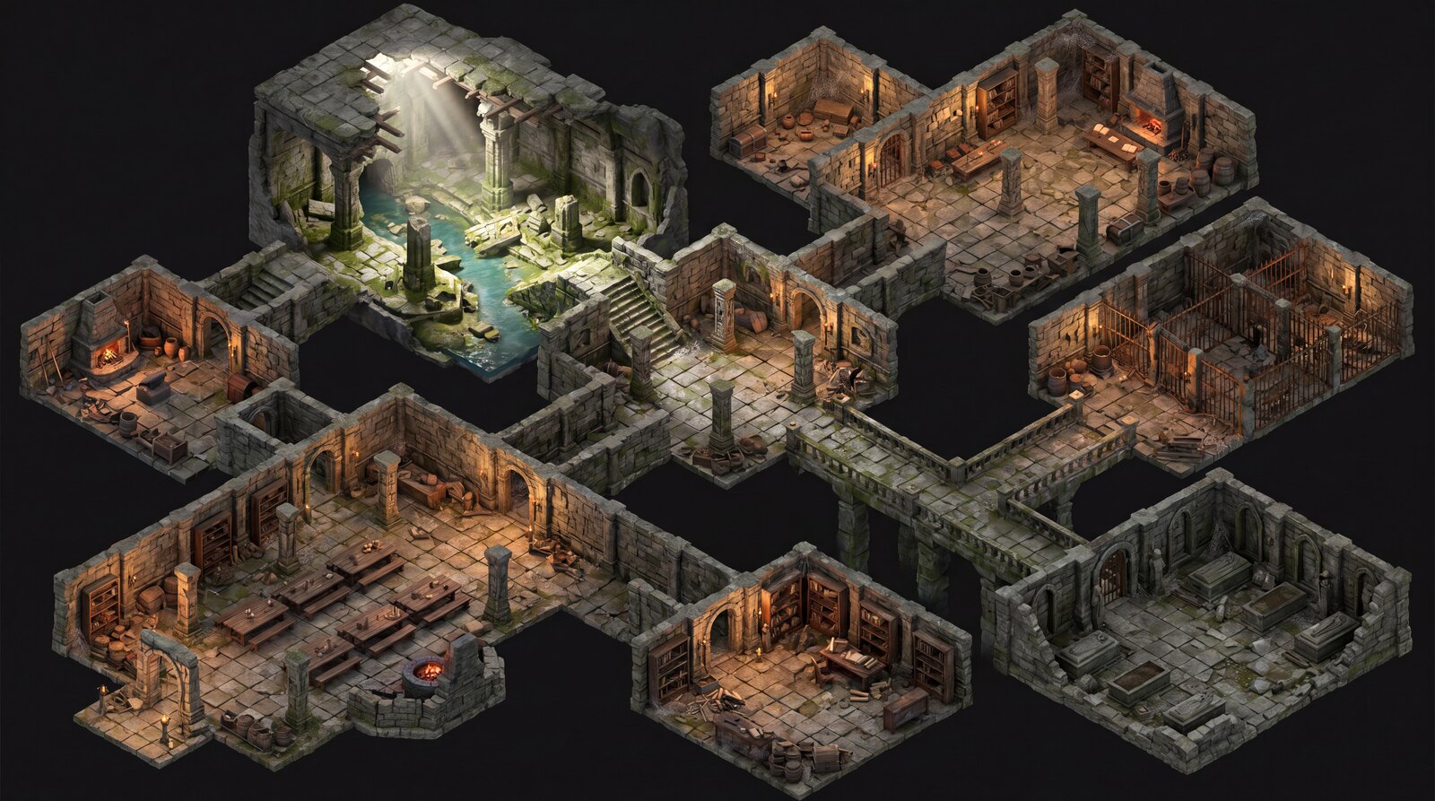 Isometric multi-room dungeon battle map
