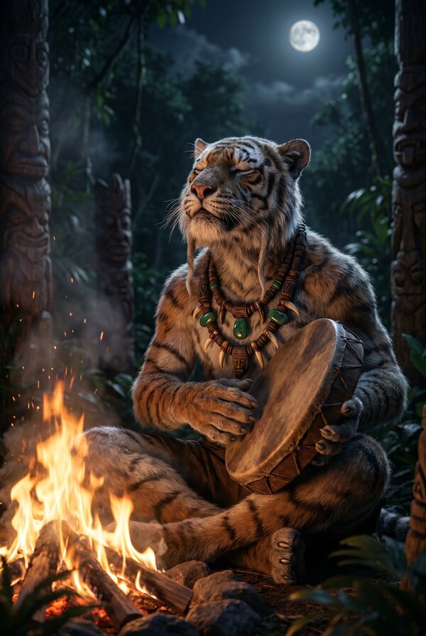 Tiger Beastman shaman by firelight
